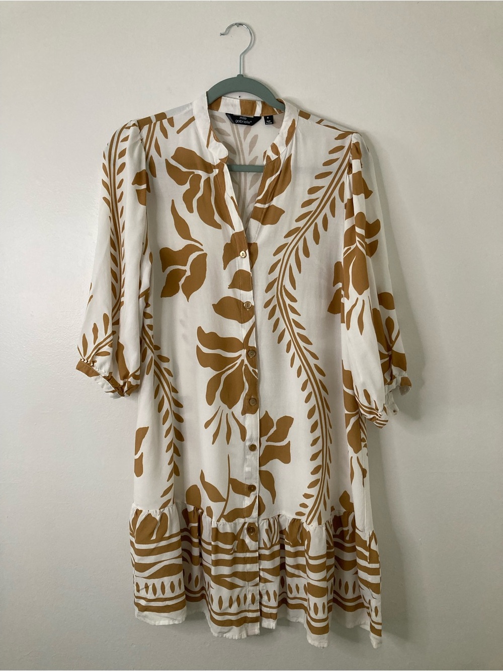 Mlle Gabrielle Mustard Yellow White Botanical Button Front Shift Dress M